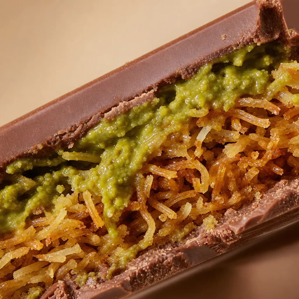 Close-up of the kunafa and pistachio fracture inside the Crazy Choco bar